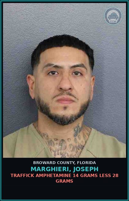 CCW arrest card for MARGHIERI, JOSEPH in Broward County: TRAFFICK AMPHETAMINE 14 GRAMS LESS 28 GRAMS