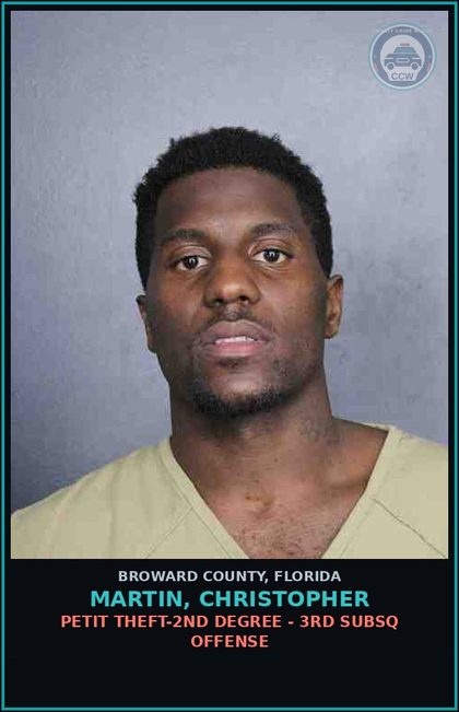 CCW arrest card for MARTIN, CHRISTOPHER in Broward County: PETIT THEFT-2ND DEGREE - 3RD SUBSQ OFFENSE