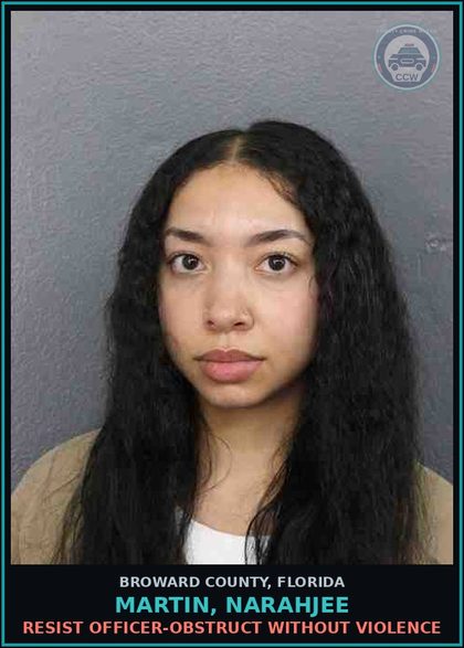 CCW arrest card for MARTIN, NARAHJEE in Broward County: RESIST OFFICER-OBSTRUCT WITHOUT VIOLENCE
