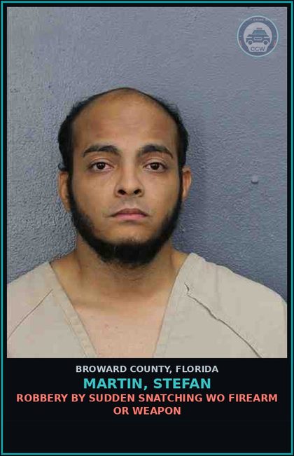 CCW arrest card for MARTIN, STEFAN in Broward County: ROBBERY BY SUDDEN SNATCHING WO FIREARM OR WEAPON