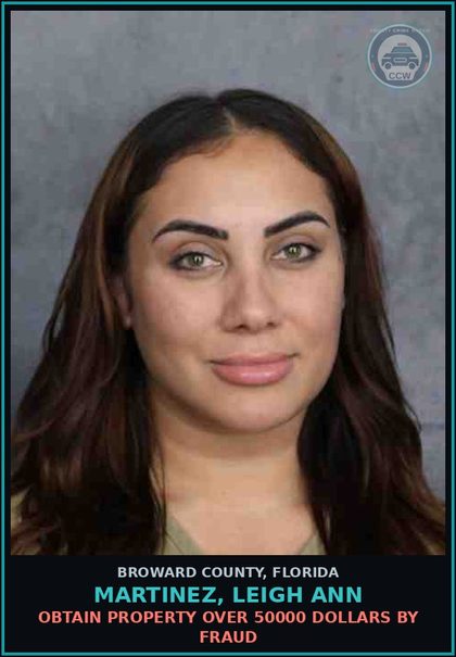 CCW arrest card for MARTINEZ, LEIGH ANN in Broward County: MONEY LAUNDER TRANS $100,000 OR MORE