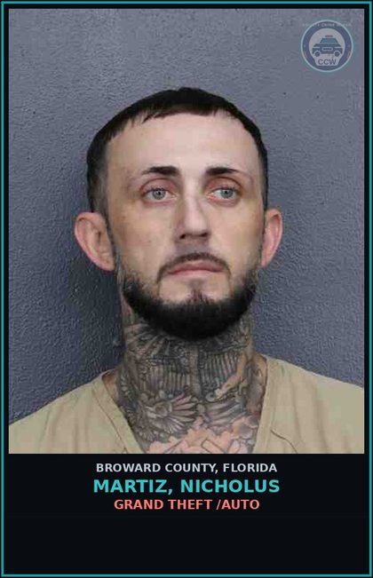 CCW arrest card for MARTIZ, NICHOLUS in Broward County: GRAND THEFT /AUTO