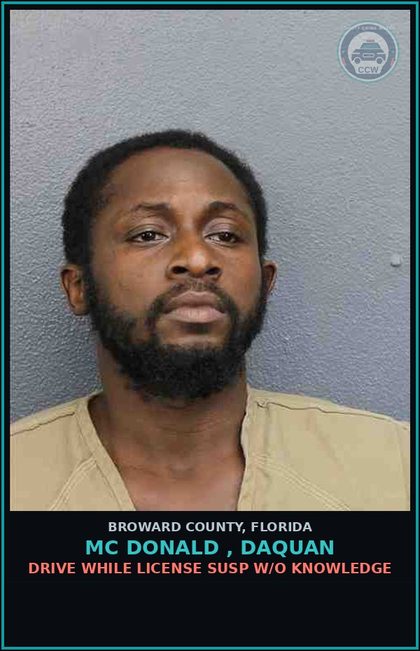 CCW arrest card for MC DONALD , DAQUAN in Broward County: DRIVE WHILE LICENSE SUSP W/O KNOWLEDGE