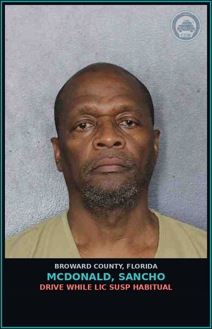 CCW arrest card for MCDONALD, SANCHO in Broward County: DRIVE WHILE LIC SUSP HABITUAL