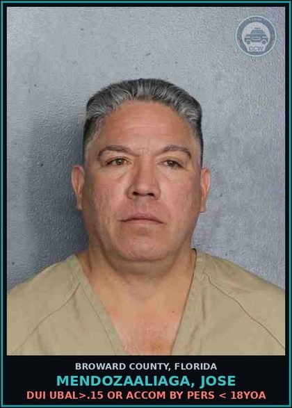 CCW arrest card for MENDOZAALIAGA, JOSE in Broward County: DUI UBAL>.15 OR ACCOM BY PERS < 18YOA