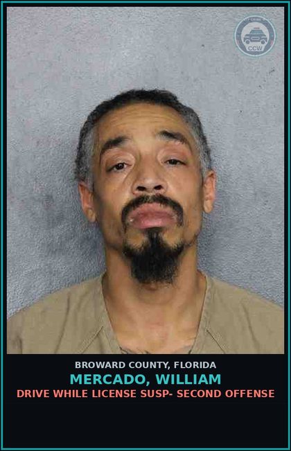 CCW arrest card for MERCADO, WILLIAM in Broward County: DRIVE WHILE LICENSE SUSP- SECOND OFFENSE