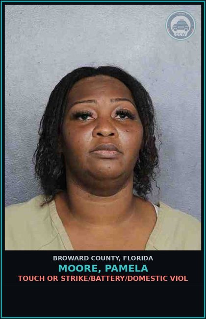 CCW arrest card for MOORE, PAMELA in Broward County: TOUCH OR STRIKE/BATTERY/DOMESTIC VIOL