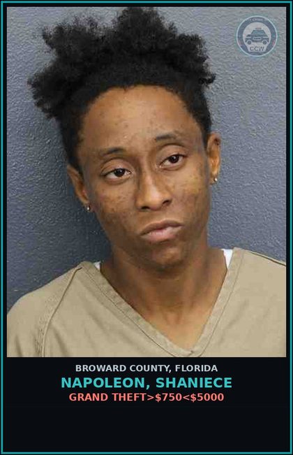 CCW arrest card for NAPOLEON, SHANIECE in Broward County: GRAND THEFT>$750<$5000