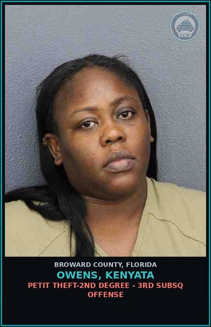 CCW arrest card for OWENS, KENYATA in Broward County: PETIT THEFT-2ND DEGREE - 3RD SUBSQ OFFENSE