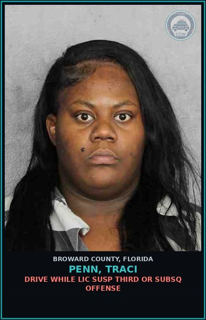 CCW arrest card for PENN, TRACI in Broward County: DRIVE WHILE LIC SUSP THIRD OR SUBSQ OFFENSE