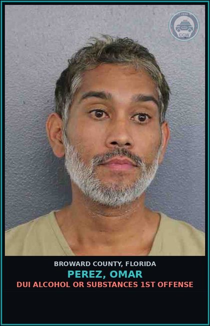 CCW arrest card for PEREZ, OMAR in Broward County: DUI ALCOHOL OR DRUGS  1ST OFFENSE