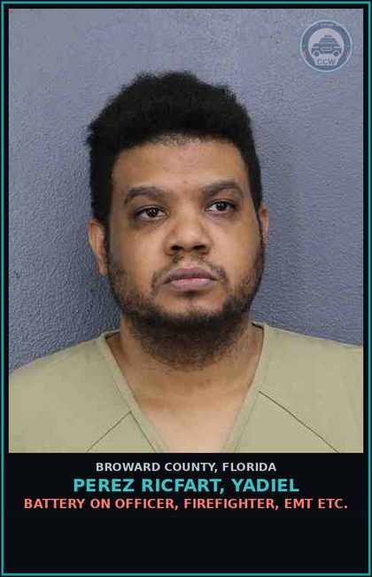 CCW arrest card for PEREZ RICFART, YADIEL in Broward County: BATTERY ON OFFICER, FIREFIGHTER, EMT ETC.