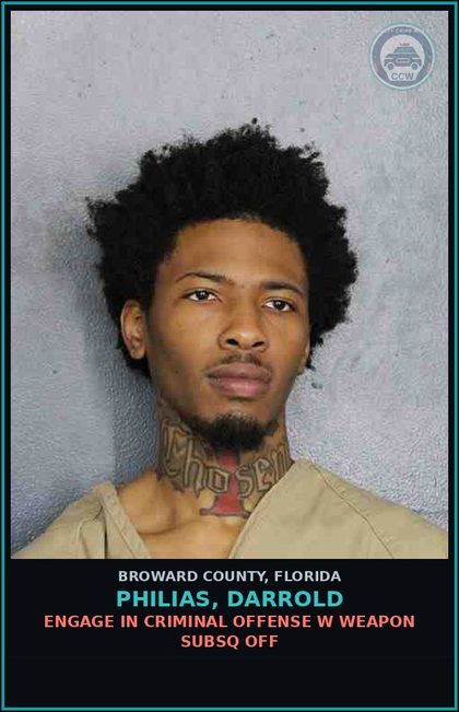 CCW arrest card for PHILIAS, DARROLD in Broward County: RESIST OFFICER-OBSTRUCT WITH VIOLENCE