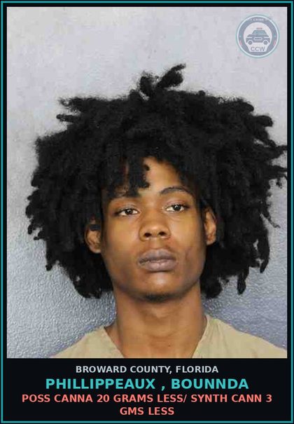 CCW arrest card for PHILLIPPEAUX , BOUNNDA in Broward County: POSS Canna 20 GRAMS LESS/ SYNTH CANN 3 GMS LESS