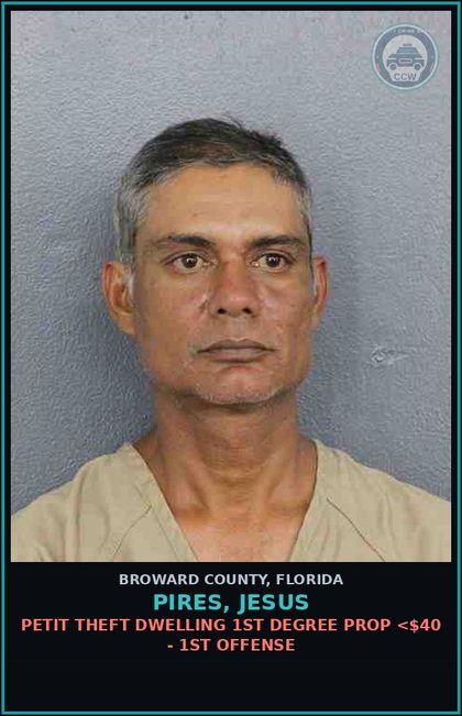 CCW arrest card for PIRES, JESUS in Broward County: PETIT THEFT DWELLING 1ST DEGREE PROP <$40 - 1ST OFFENSE