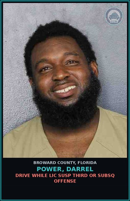 CCW arrest card for POWER, DARREL in Broward County: DRIVE WHILE LIC SUSP THIRD OR SUBSQ OFFENSE
