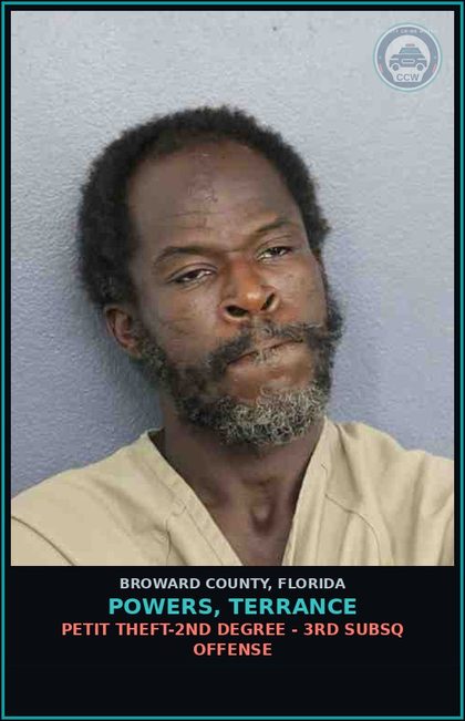 CCW arrest card for POWERS, TERRANCE in Broward County: PETIT THEFT-2ND DEGREE - 3RD SUBSQ OFFENSE