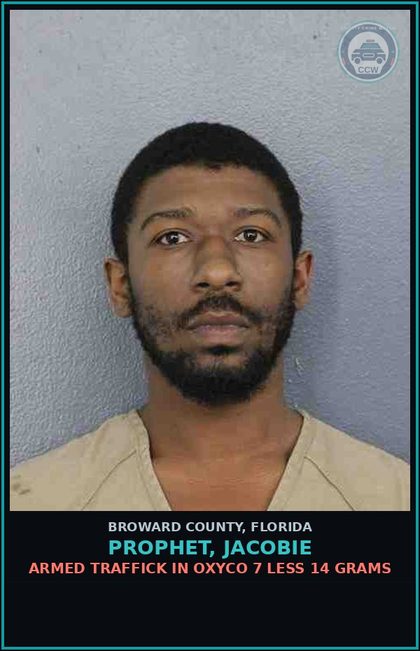 CCW arrest card for PROPHET, JACOBIE in Broward County: ARMED TRAFFICK IN oxyco 7 LESS 14 GRAMS