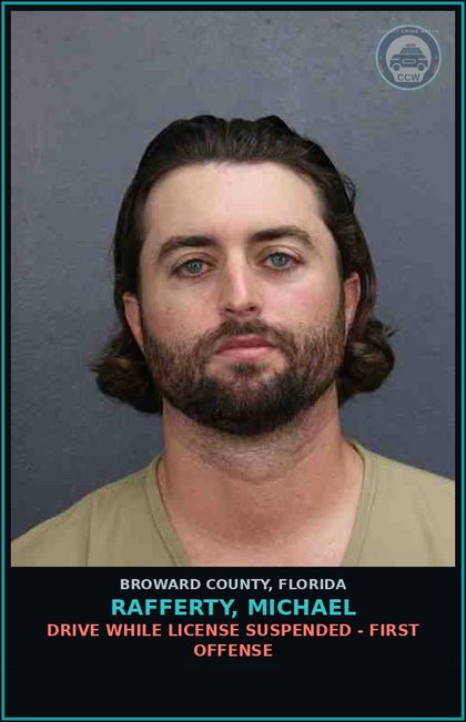 CCW arrest card for RAFFERTY, MICHAEL in Broward County: DRIVE WHILE LICENSE SUSPENDED - FIRST OFFENSE