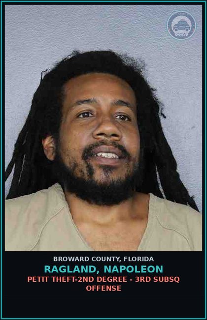 CCW arrest card for RAGLAND, NAPOLEON in Broward County: PETIT THEFT-2ND DEGREE - 3RD SUBSQ OFFENSE