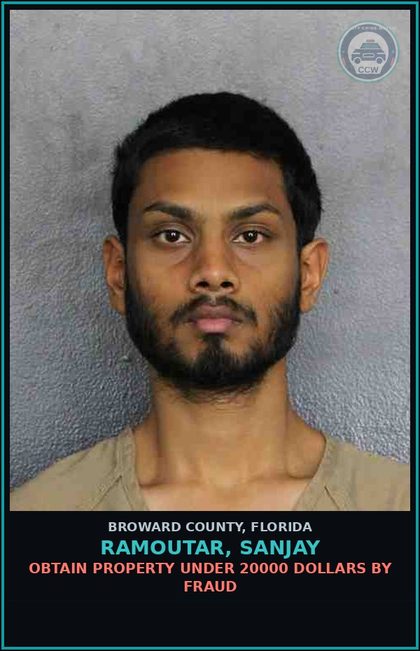 CCW arrest card for RAMOUTAR, SANJAY in Broward County: OBTAIN PROPERTY UNDER 20000 DOLLARS BY FRAUD