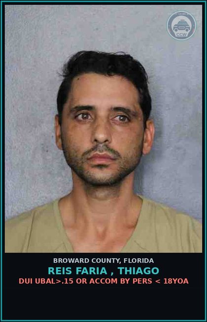 CCW arrest card for REIS FARIA , THIAGO in Broward County: ALTER LICENSE PLATE VALIDATION STICKER OR OBSCURE 