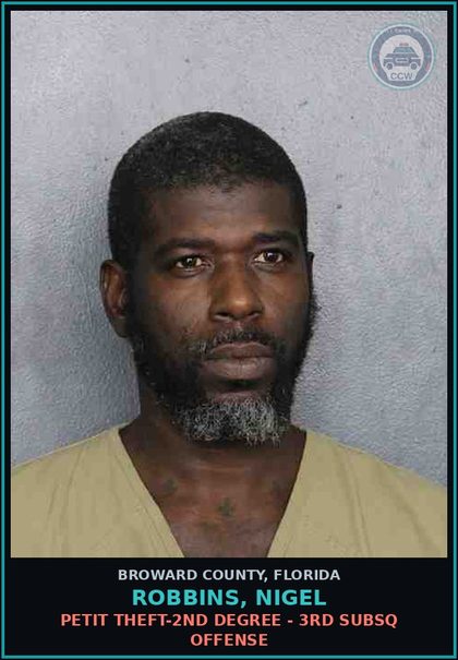 CCW arrest card for ROBBINS, NIGEL in Broward County: PETIT THEFT-2ND DEGREE - 3RD SUBSQ OFFENSE