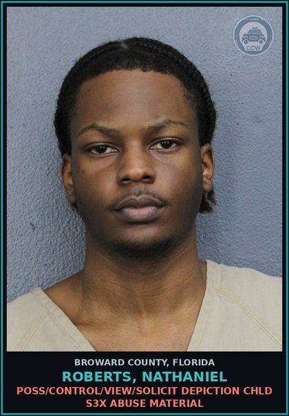 CCW arrest card for ROBERTS, NATHANIEL in Broward County: POSS/CONTROL/VIEW/SOLICIT DEPICTION chld s3x ABUSE MATERIAL