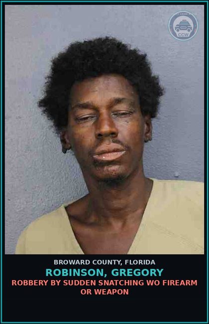 CCW arrest card for ROBINSON, GREGORY in Broward County: ROBBERY BY SUDDEN SNATCHING WO FIREARM OR WEAPON