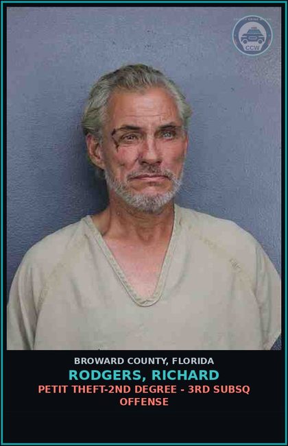 CCW arrest card for RODGERS, RICHARD in Broward County: PETIT THEFT-2ND DEGREE - 3RD SUBSQ OFFENSE