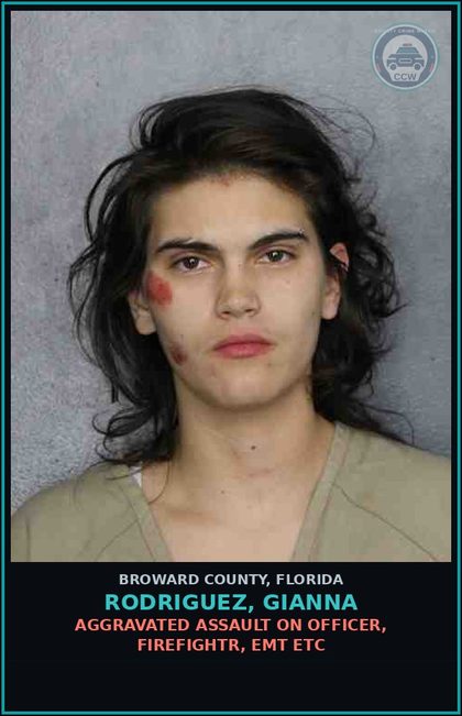 CCW arrest card for RODRIGUEZ, GIANNA in Broward County: AGGRAVATED ASSAULT ON OFFICER, FIREFIGHTR, EMT ETC