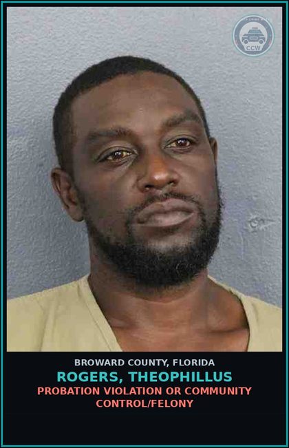 CCW arrest card for ROGERS, THEOPHILLUS in Broward County: DRIVE WHILE LIC SUSP THIRD OR SUBSQ OFFENSE