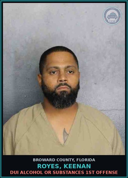 CCW arrest card for ROYES, KEENAN in Broward County: DUI ALCOHOL OR DRUGS  1ST OFFENSE