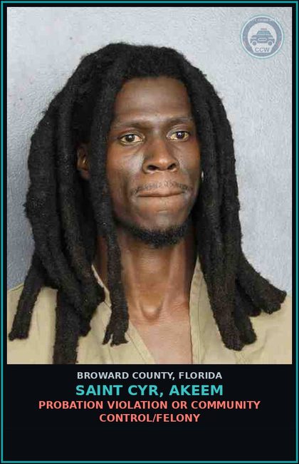 CCW arrest card for SAINT CYR, AKEEM in Broward County: POSSESS Canna OVR 20 GRMS/SYNTH CANN OVR 3 GRMS