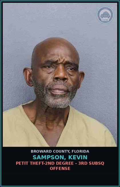 CCW arrest card for SAMPSON, KEVIN in Broward County: PETIT THEFT-2ND DEGREE - 3RD SUBSQ OFFENSE