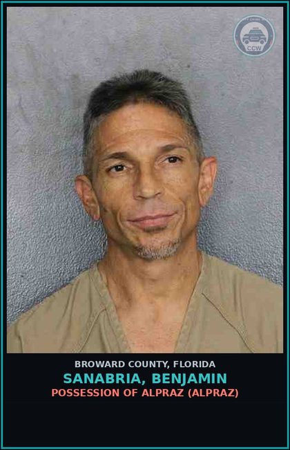 CCW arrest card for SANABRIA, BENJAMIN in Broward County: POSSESSION OF ALPRAZ (XANAX)