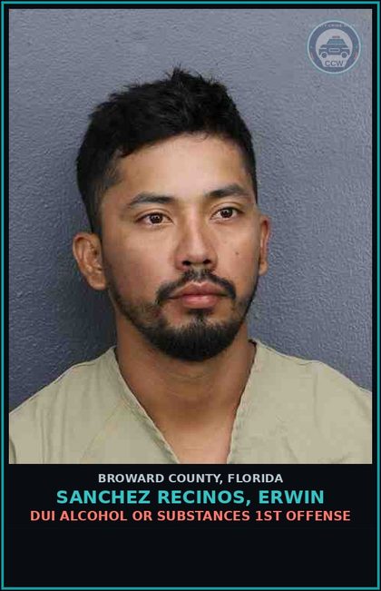 CCW arrest card for SANCHEZ RECINOS, ERWIN in Broward County: DUI ALCOHOL OR DRUGS  1ST OFFENSE