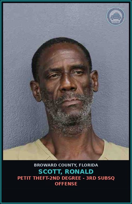 CCW arrest card for SCOTT, RONALD in Broward County: PETIT THEFT-2ND DEGREE - 3RD SUBSQ OFFENSE