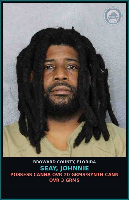 CCW arrest card for SEAY, JOHNNIE in Broward County: POSSESS Canna OVR 20 GRMS/SYNTH CANN OVR 3 GRMS
