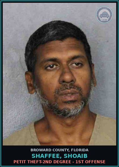 CCW arrest card for SHAFFEE, SHOAIB in Broward County: PETIT THEFT-2ND DEGREE - 1ST OFFENSE