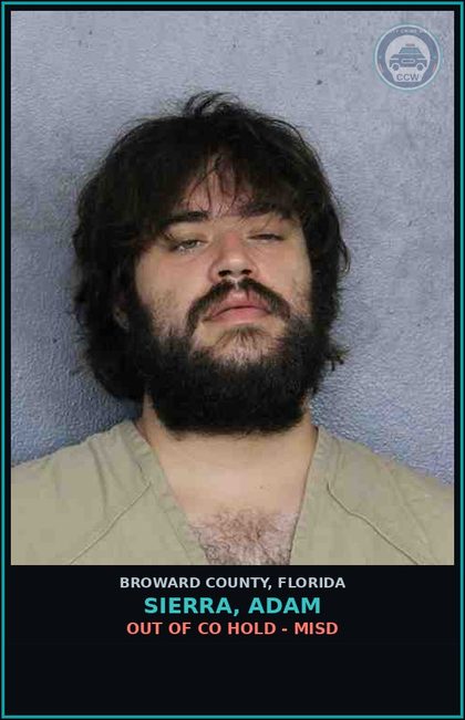 CCW arrest card for SIERRA, ADAM in Broward County: OUT OF CO HOLD - MISD