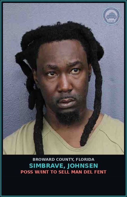CCW arrest card for SIMBRAVE, JOHNSEN in Broward County: DISTRIBUTE/DELIVER HEROIN