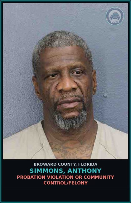 CCW arrest card for SIMMONS, ANTHONY in Broward County: PROBATION VIOLATION OR COMMUNITY CONTROL/FELONY