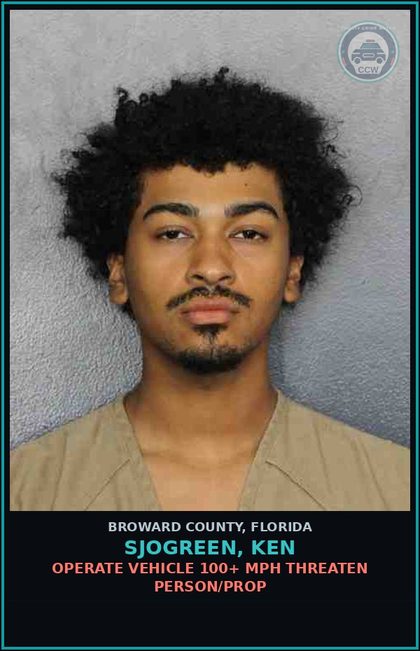 CCW arrest card for SJOGREEN, KEN in Broward County: OPERATE VEHICLE 100+ MPH THREATEN PERSON/PROP