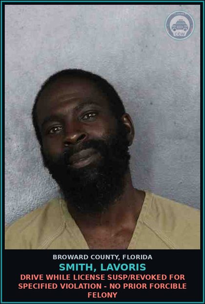 CCW arrest card for SMITH, LAVORIS in Broward County: DRIVE WHILE LICENSE SUSP/REVOKED FOR SPECIFIED VIOLATION - NO PRIOR FORCIBLE FELONY