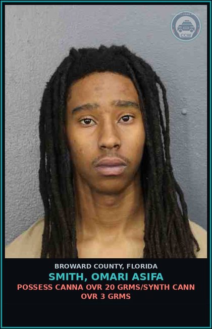 CCW arrest card for SMITH, OMARI ASIFA in Broward County: POSSESS Canna OVR 20 GRMS/SYNTH CANN OVR 3 GRMS