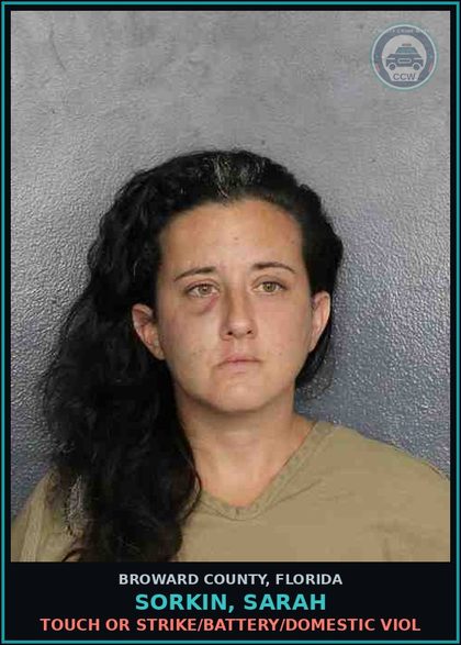 CCW arrest card for SORKIN, SARAH in Broward County: TOUCH OR STRIKE/BATTERY/DOMESTIC VIOL