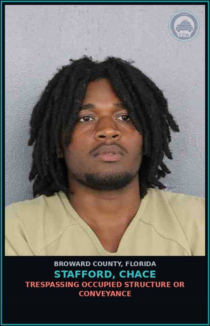 CCW arrest card for STAFFORD, CHACE in Broward County: TRESPASSING OCCUPIED STRUCTURE OR CONVEYANCE