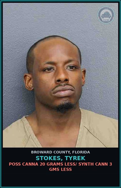 CCW arrest card for STOKES, TYREK in Broward County: POSS Canna 20 GRAMS LESS/ SYNTH CANN 3 GMS LESS