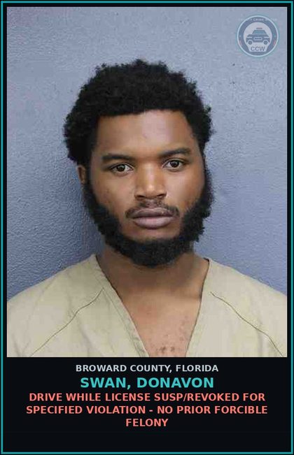 CCW arrest card for SWAN, DONAVON in Broward County: ALTER LICENSE PLATE VALIDATION STICKER OR OBSCURE 